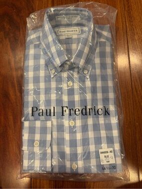 Paul Fredrick Blue and White Check Dress Shirt. Size 14 1/2 - 32. Trim fit.